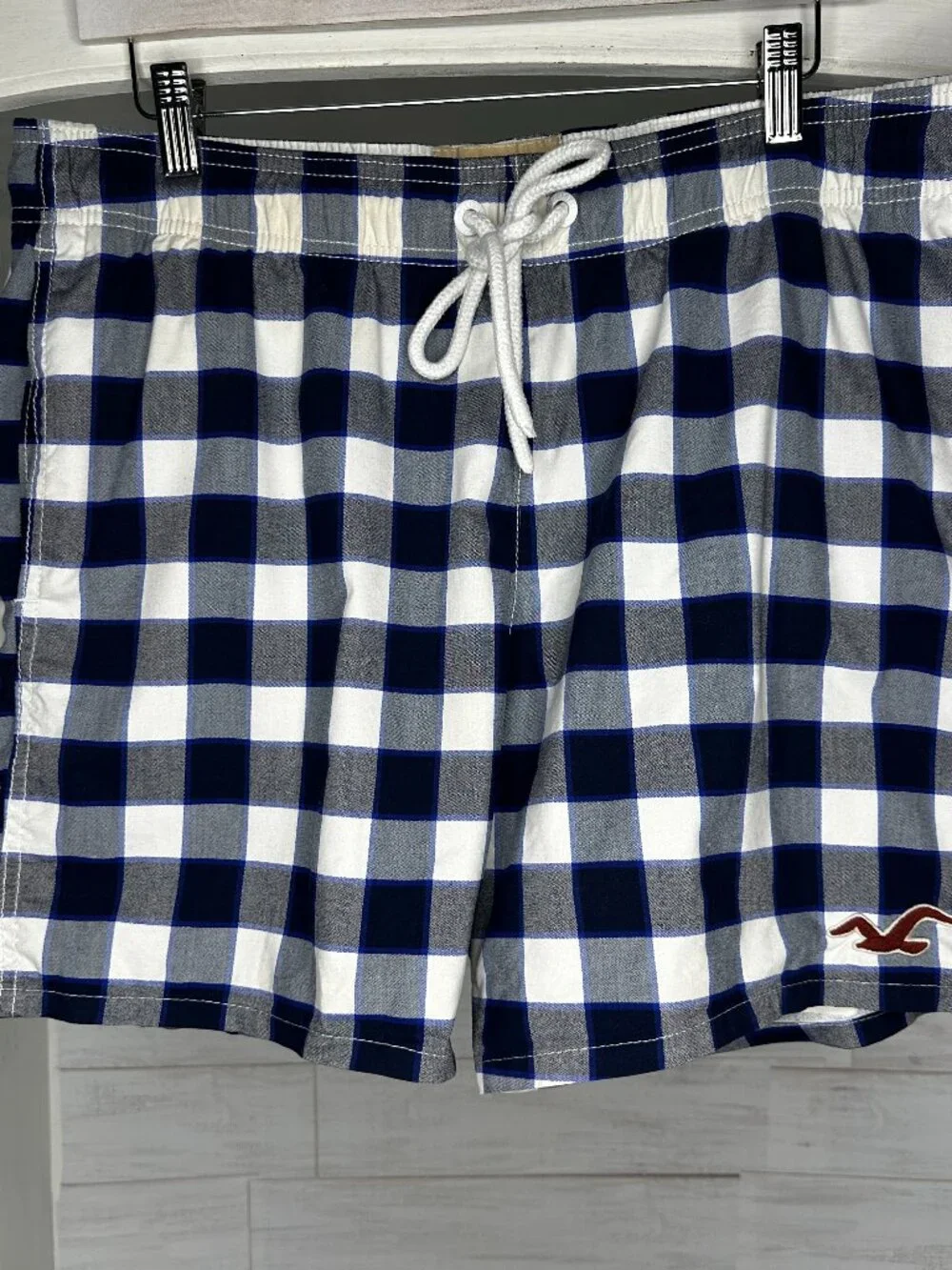 Hollister Men’s Swim Trunks Shorts Suit Plaid Blue White Drawstring Size XL